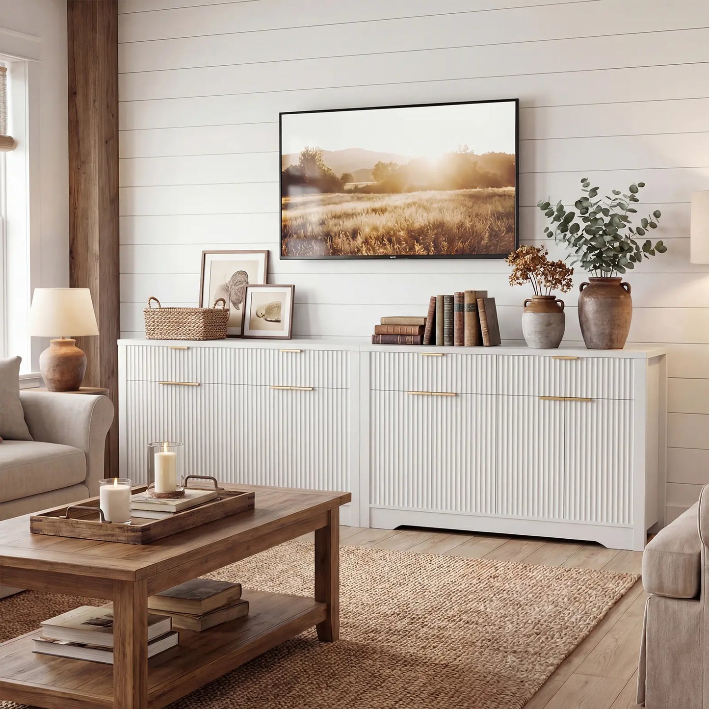 Buffet Cabinet with Storage, 55" Fluted Sideboard Buffet with Drawers