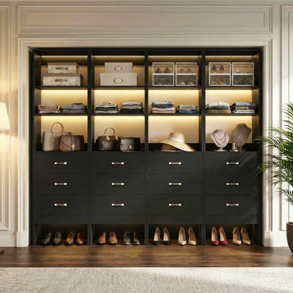 96" Closet System Value 4-Pack with 12 Hanging Rods & 12 Wooden Drawers - Adjustable (5-8FT Each)