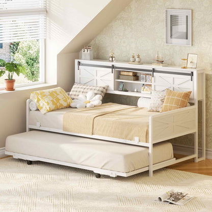 Twin Size Daybed with Trundle, Daybed with Charging Station & Storage Headboard, Heavy Duty Metal Sofa Bed Frame with Pop-up Trundle