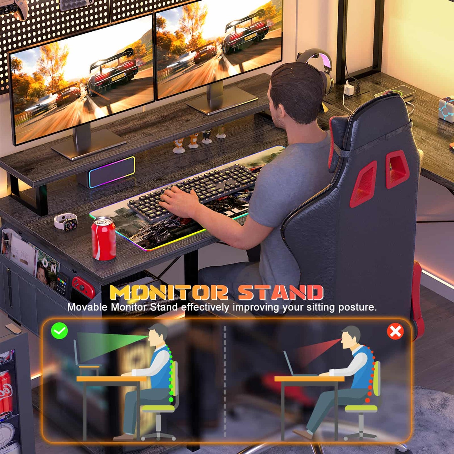 L Shaped Computer Desk with Power Outlets & LED Lights