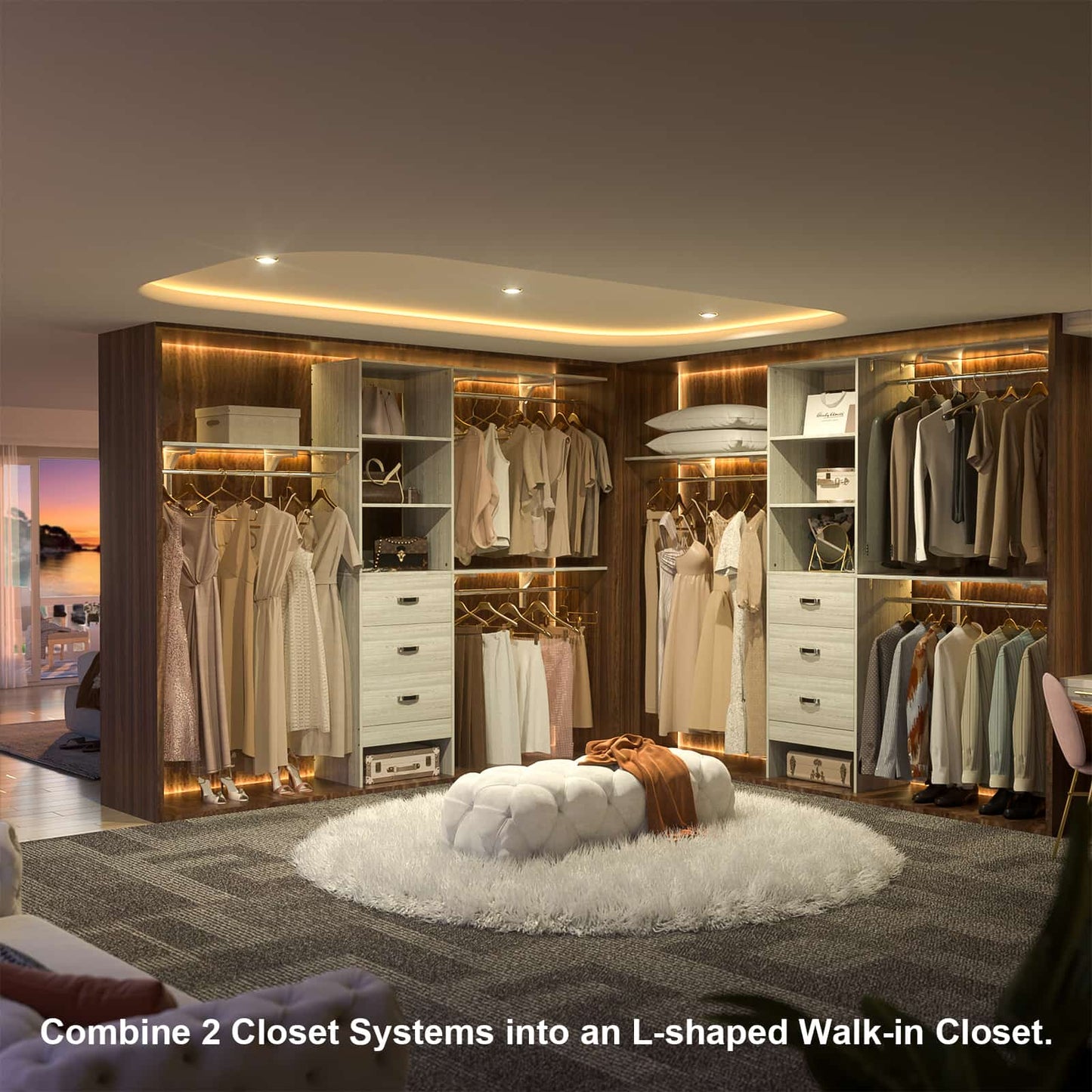 96‘’ W Closet System, Walk In Closet Organizer with 3 Shelving Towers