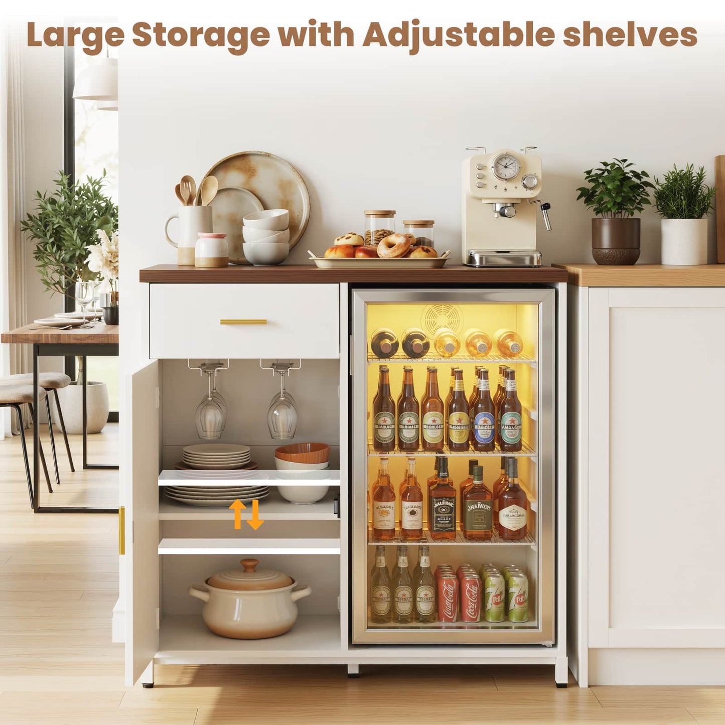 Coffee Bar Cabinet with Mini Fridge Space, Power Outlet, Drawer Storage and Wine Glass Holder - Versatile Liquor Wine Cabinet