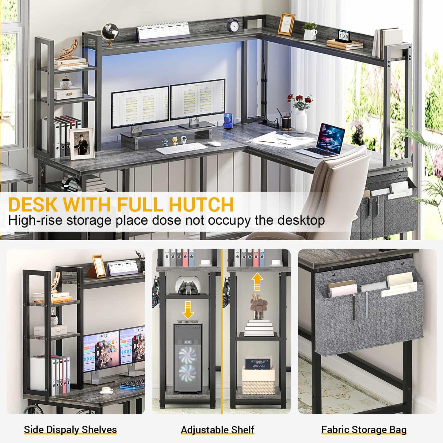 L Shaped Desk with Power Outlet and LED lights