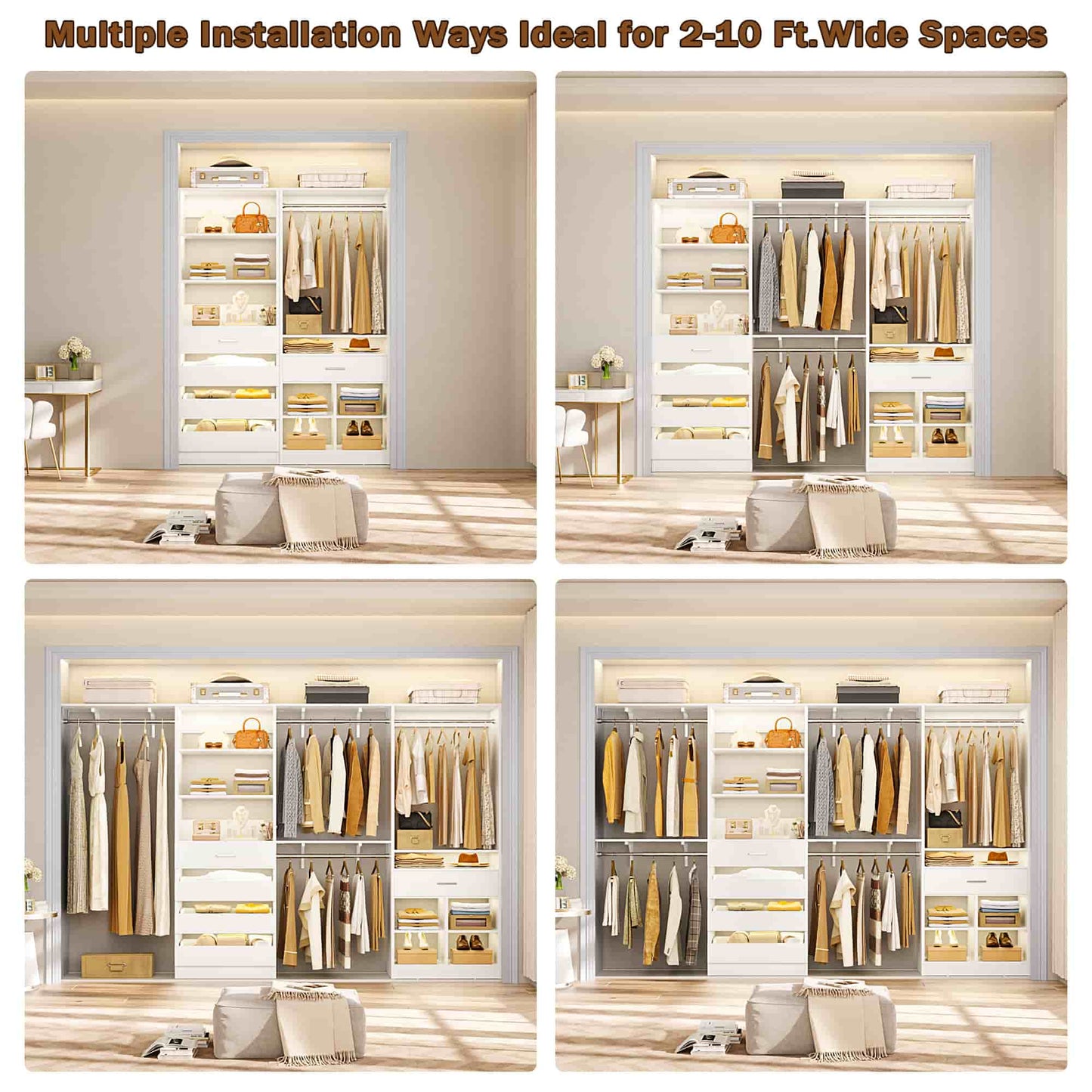 Walk-in Closet Organizer System set with 5 Wooden Drawers and 4 Hanging Rods, 4 Cubby Storage & Shelves, Space-Saving Tower Wardrobe