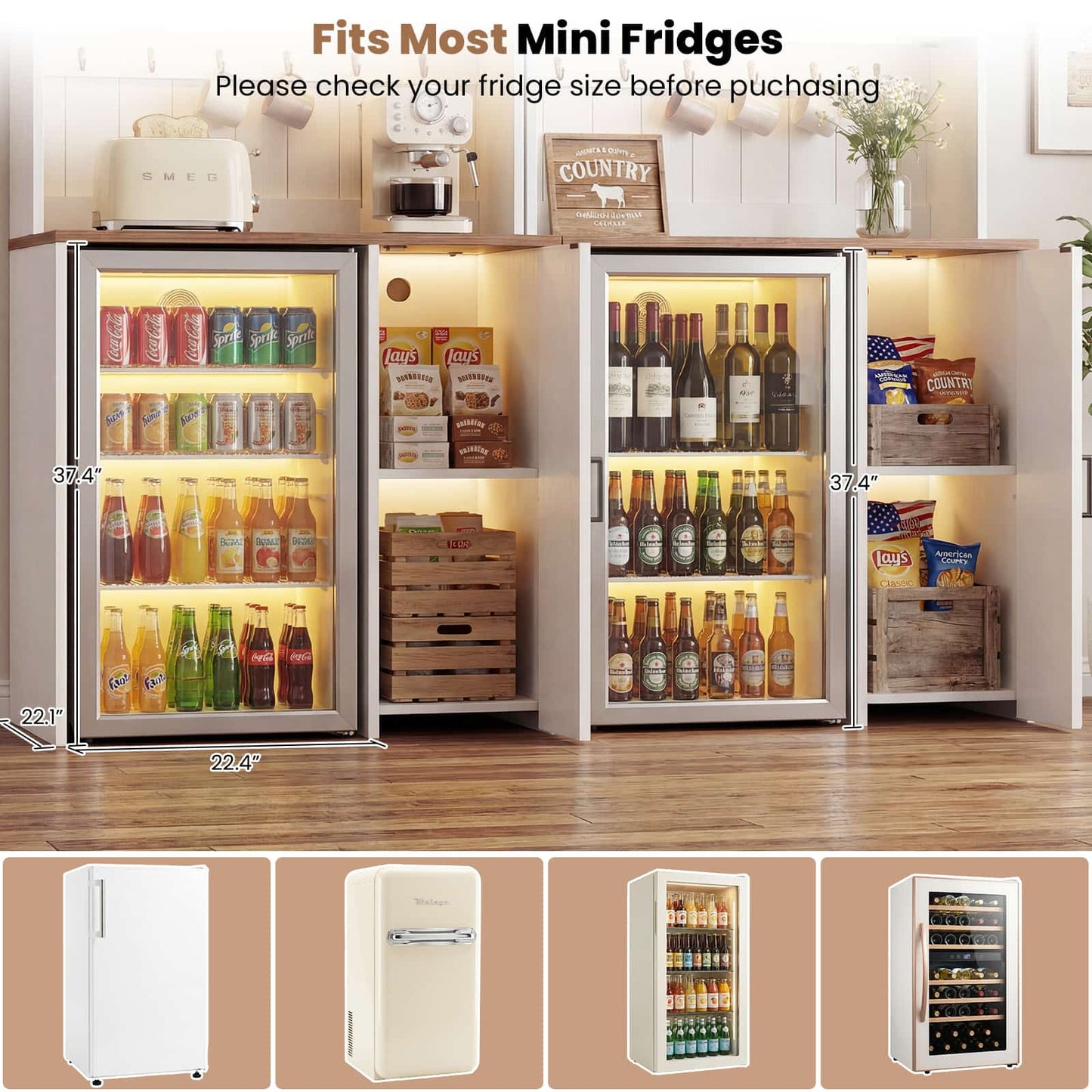 2-Piece Beverage Station Set - Mini Fridge Cabinet & Coffee Bar with Charging Hub, LED Light & Wine Storage