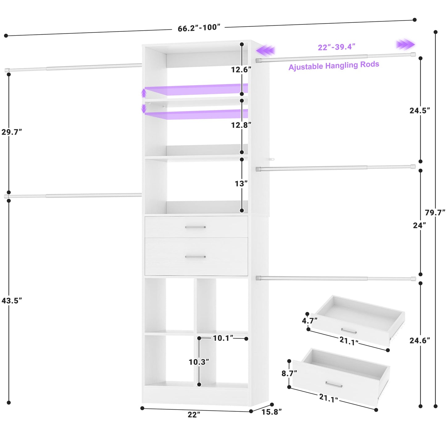 4-8 FT Walk-in Closet Organizer Tower, 2 Wooden Drawers + 5 Hang Rods, Built-in Shelves, Fit 60-96'' Closet Systems