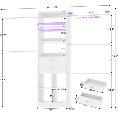 4-8 FT Walk-in Closet Organizer Tower, 2 Wooden Drawers + 5 Hang Rods, Built-in Shelves, Fit 60-96'' Closet Systems