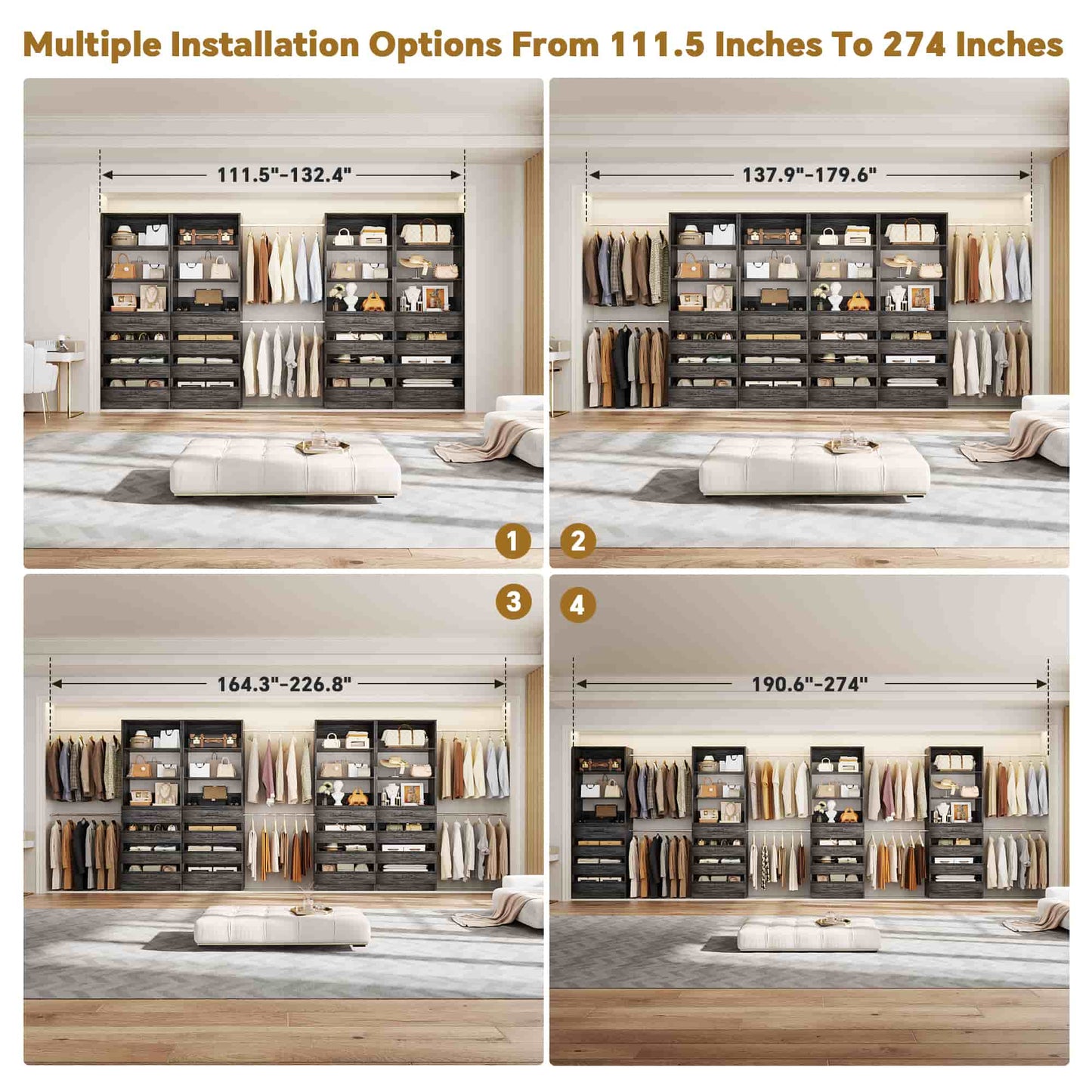 Modular Closet System 4-Pack, 12-24ft Expandable Walk-in Wardrobe Organizer with 16 Wooden Drawers & 16 Hanging Rods