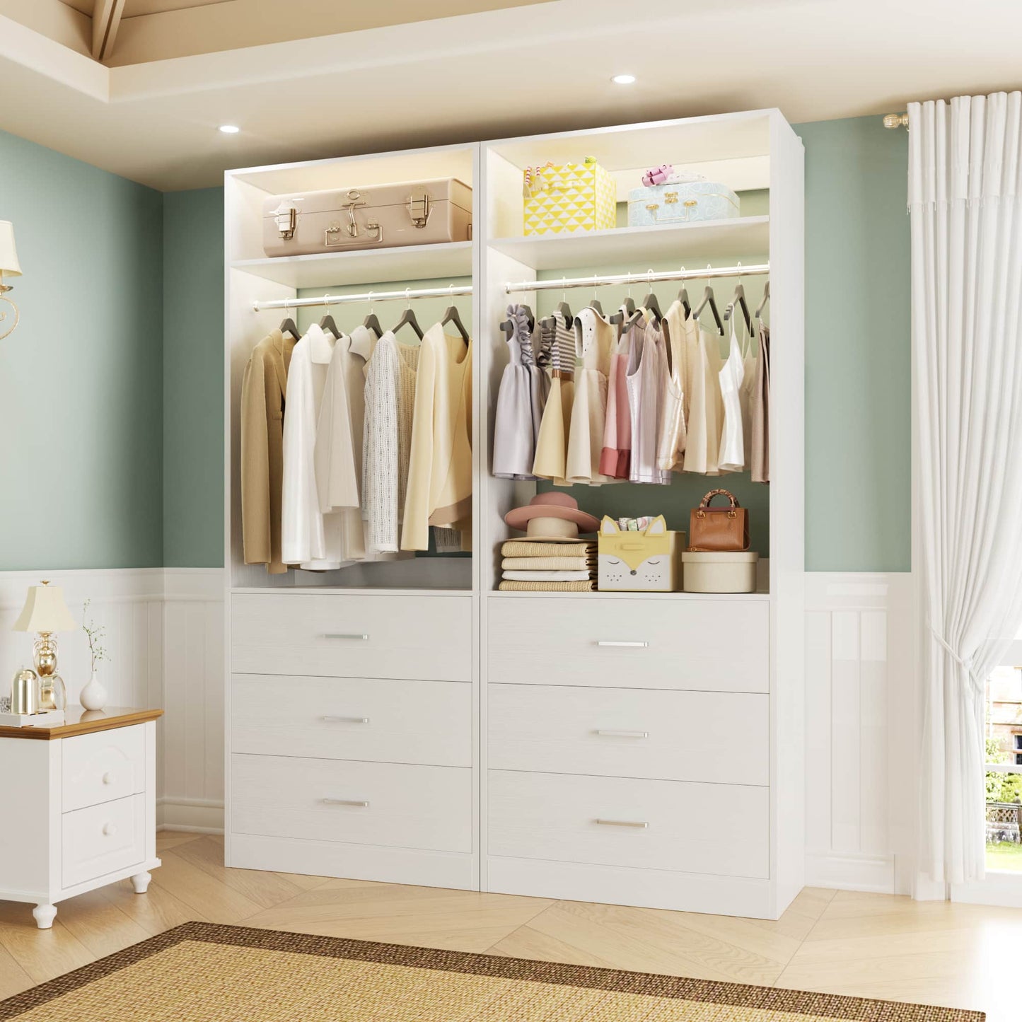 4FT (48 Inch) Closet Organizer System,Set of 2 - 6 Wood Drawers, 2 Hanging Rods & 2 Shelves