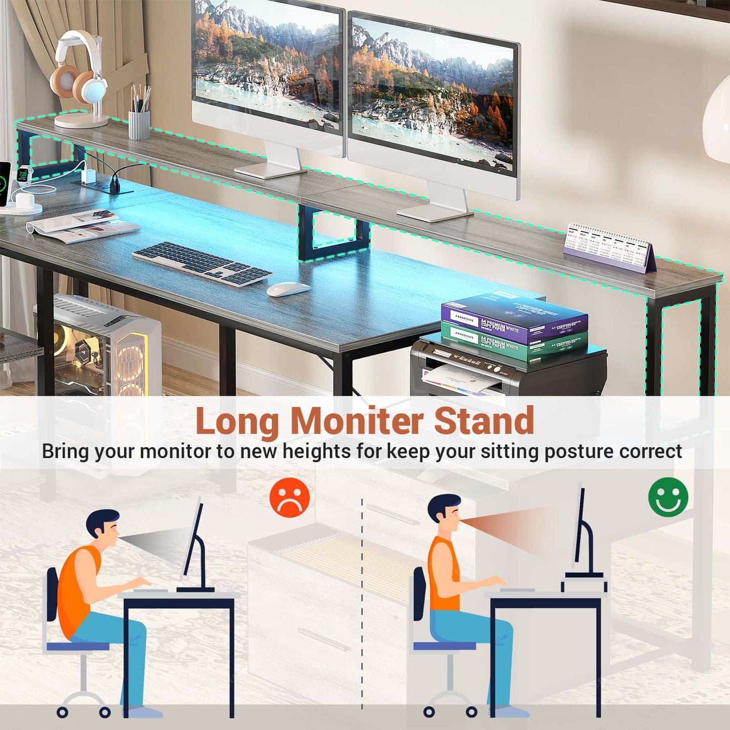 L Shaped Desk with File Drawer, 72.8" Reversible L Shaped Computer Desk with Power Outlet & LED Strip