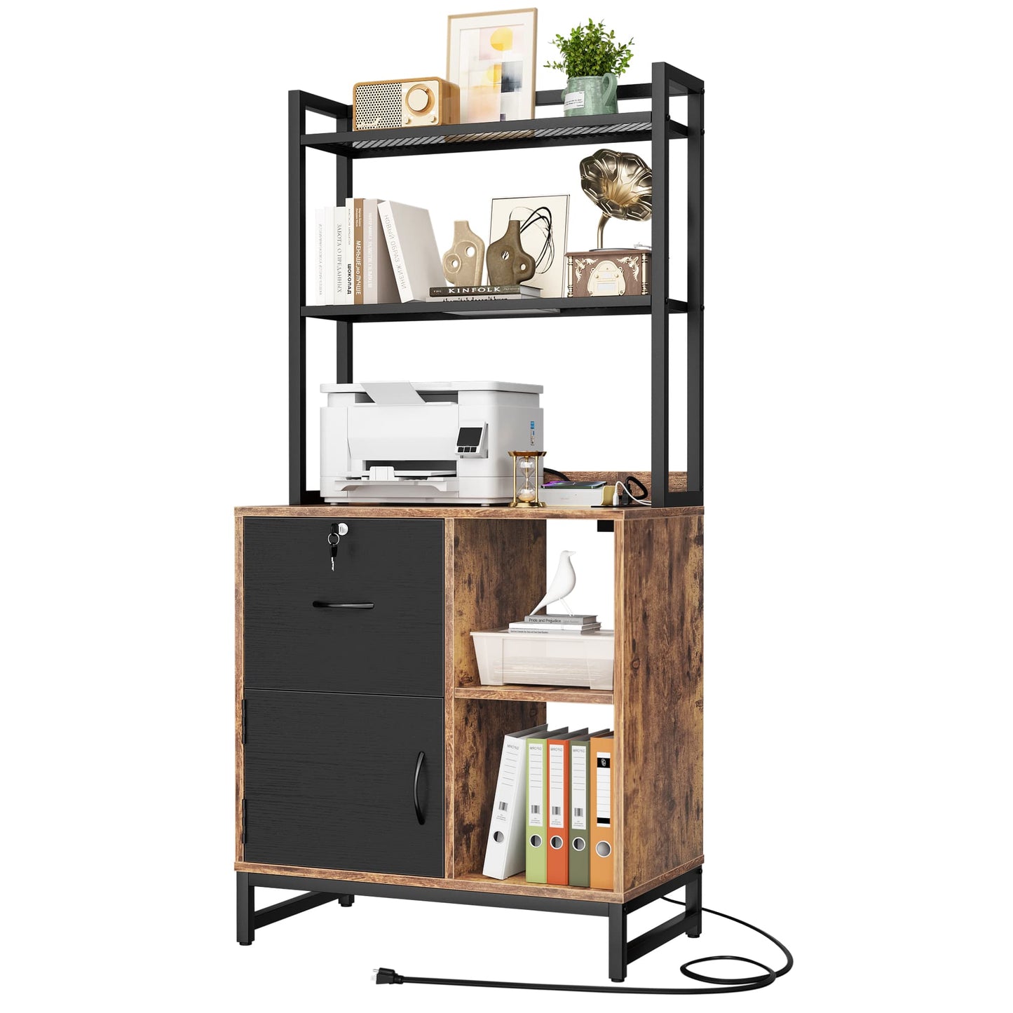Vertical Filing Cabinet with Lock & Charging Station, Large Drawer Wood File Cabinet with Bookshelf, Printer Stand with Open Storage Shelf
