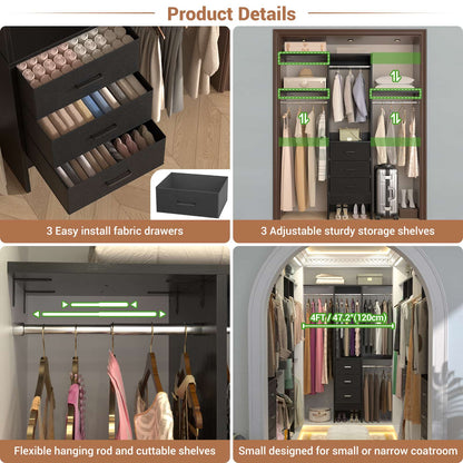 4FT Small Closet System with 3 Fabric Drawers