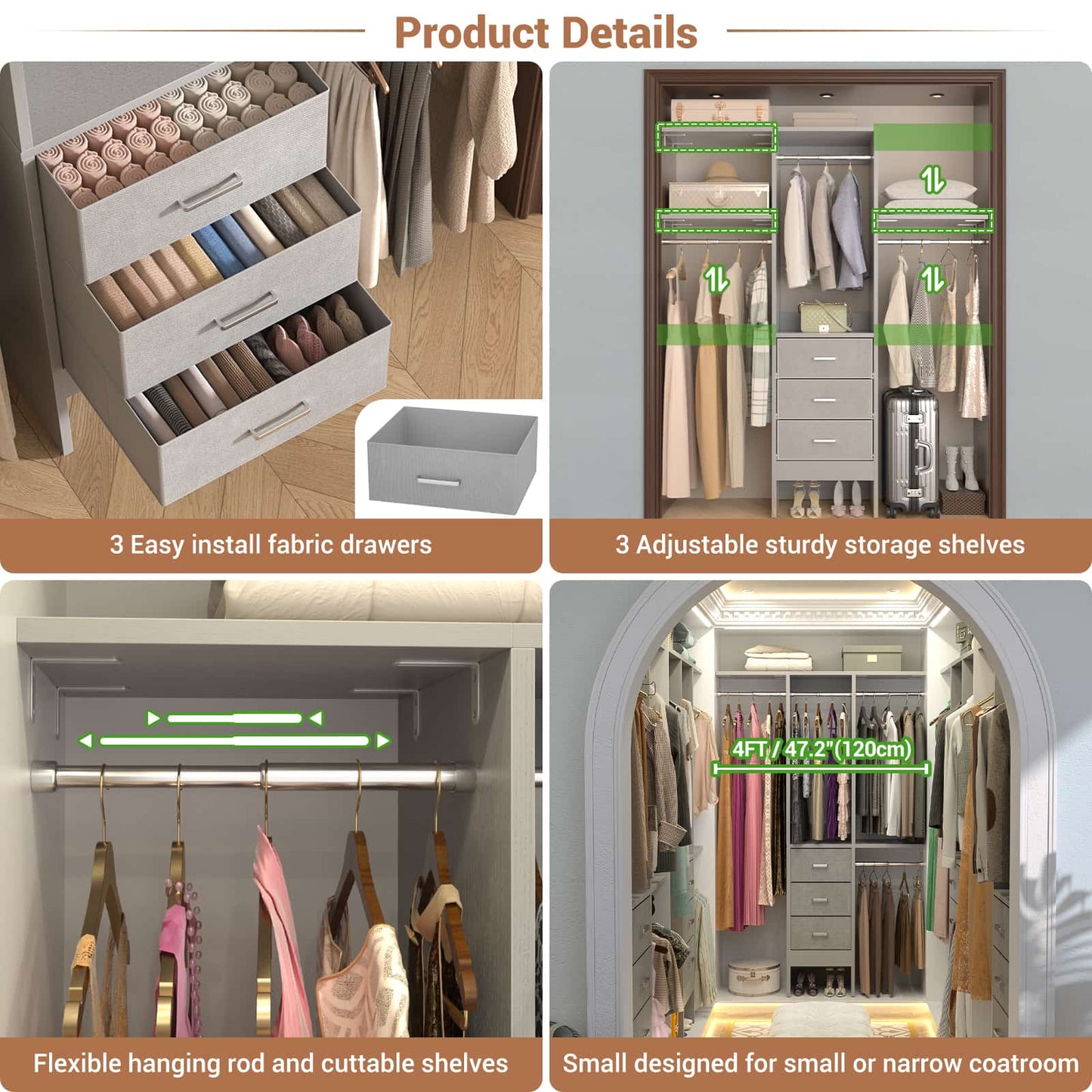 4FT Small Closet System with 3 Fabric Drawers