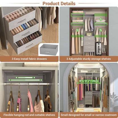 4FT Small Closet System with 3 Fabric Drawers