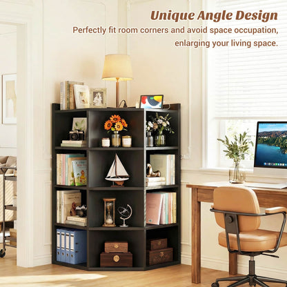 5-Tier Corner Cabinet with Power Outlets & 12 Storage Cubes - Wooden L-Shaped Bookshelf, Toy Organizer
