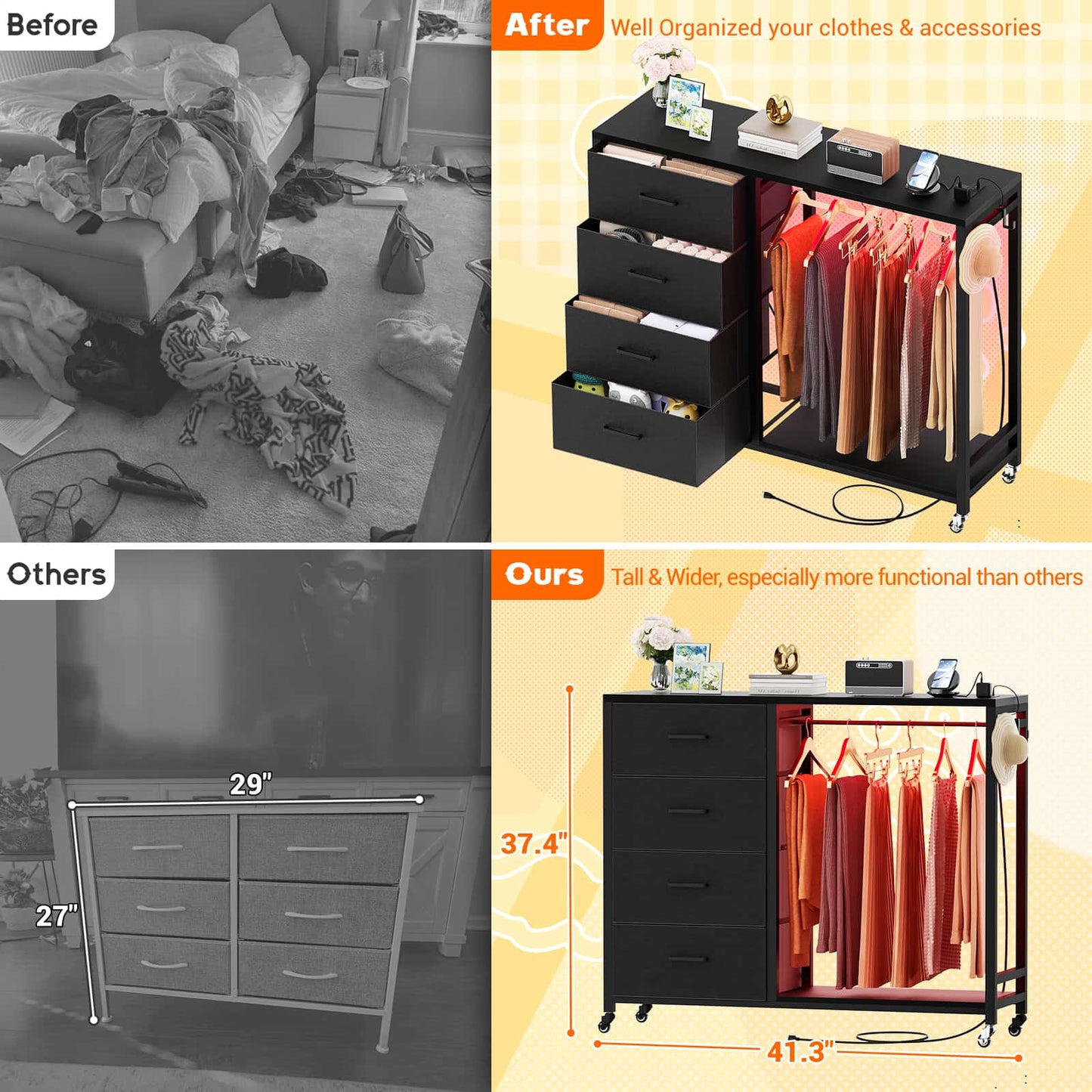 Dresser with Hanging Rack & 4 Drawers