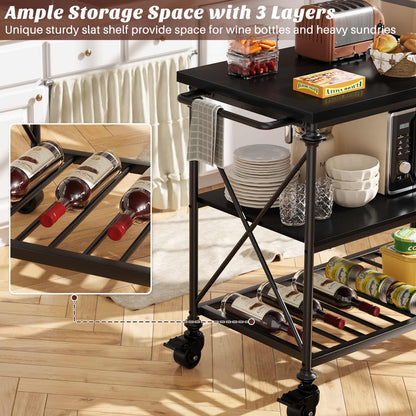 Industrial Mobile Kitchen Island Cart with Wheels: 3-Tier Storage, Lockable Casters for Kitchen, Dining & Small Spaces