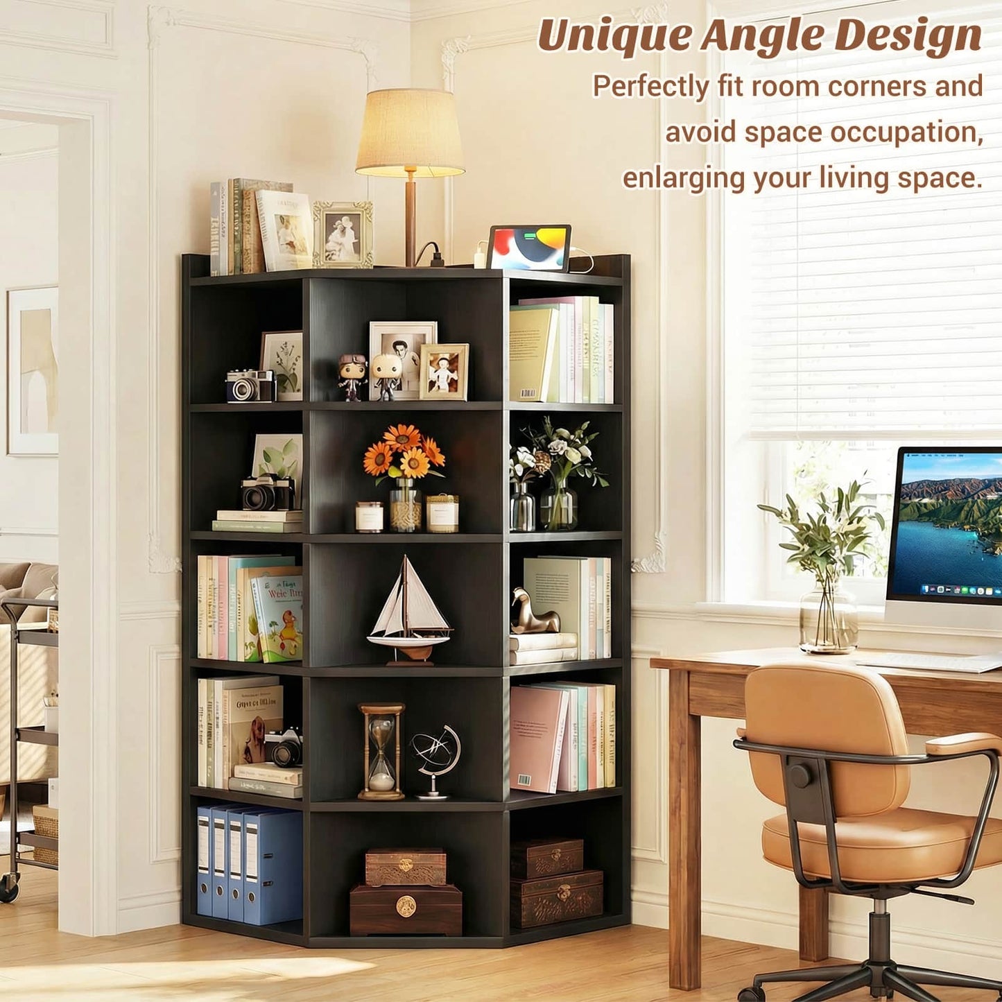 6-Tier Corner Cabinet with Power Outlets & 15 Cubes - Wooden L-Shaped Bookshelf, Toy Storage for Home Office, Bedroom, Living Room
