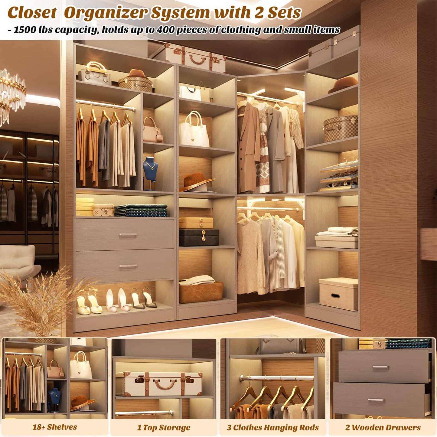 Closet System Closet Organizer, Wood Closet Organizer System,Walk-in Closet or Small Closets Wardrobe, Clothes Rack with Hanging Rods
