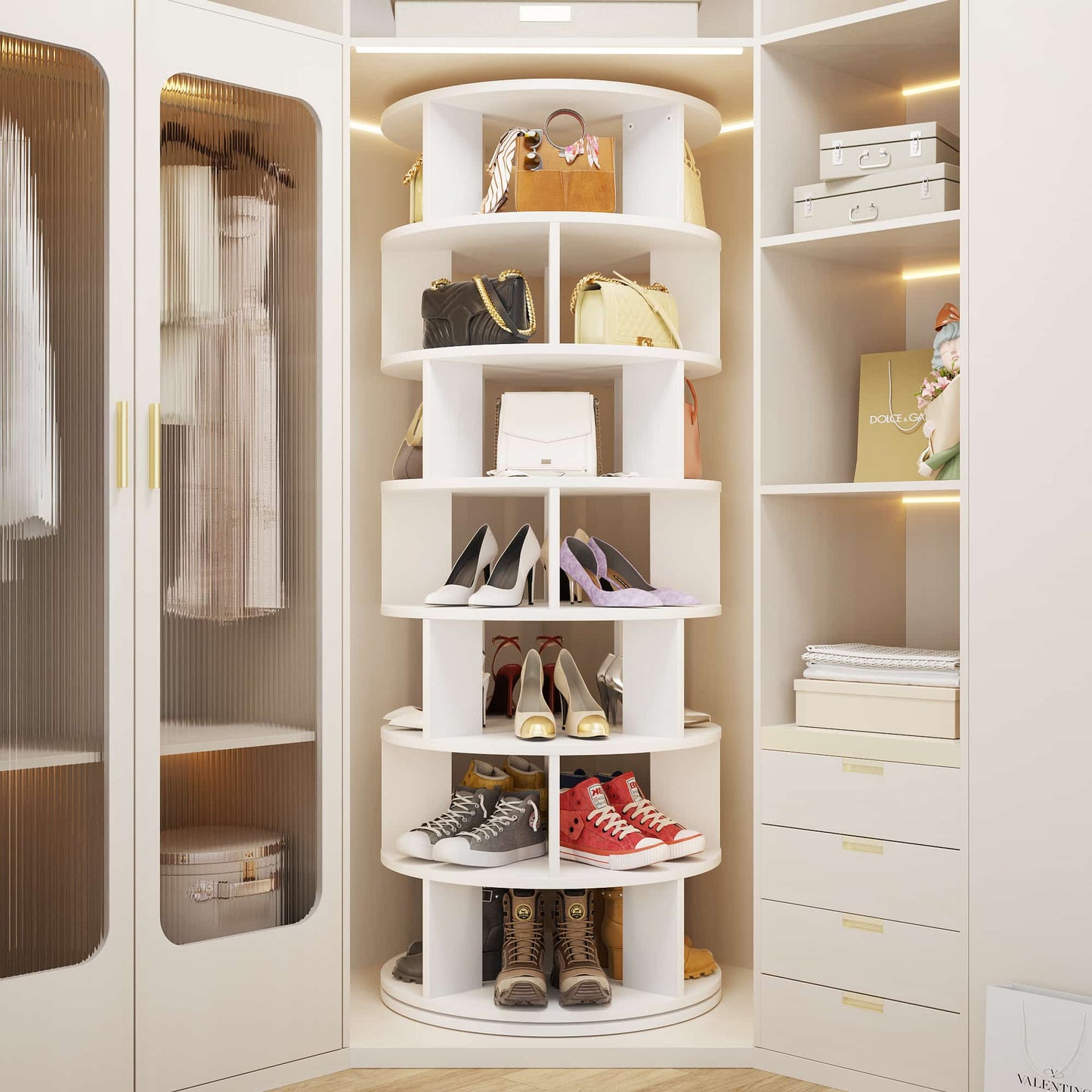 7-Tier Spinning Shoe Rack Tower, 360 Revolving wooden Shoe Rack, 60'' for shoes ,bags, Display Lazy Susan ,Storage Carousel