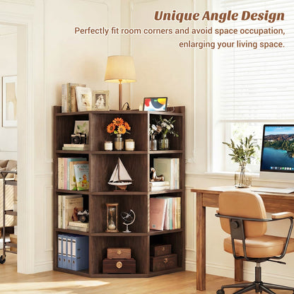 5-Tier Corner Cabinet with Power Outlets & 12 Storage Cubes - Wooden L-Shaped Bookshelf, Toy Organizer