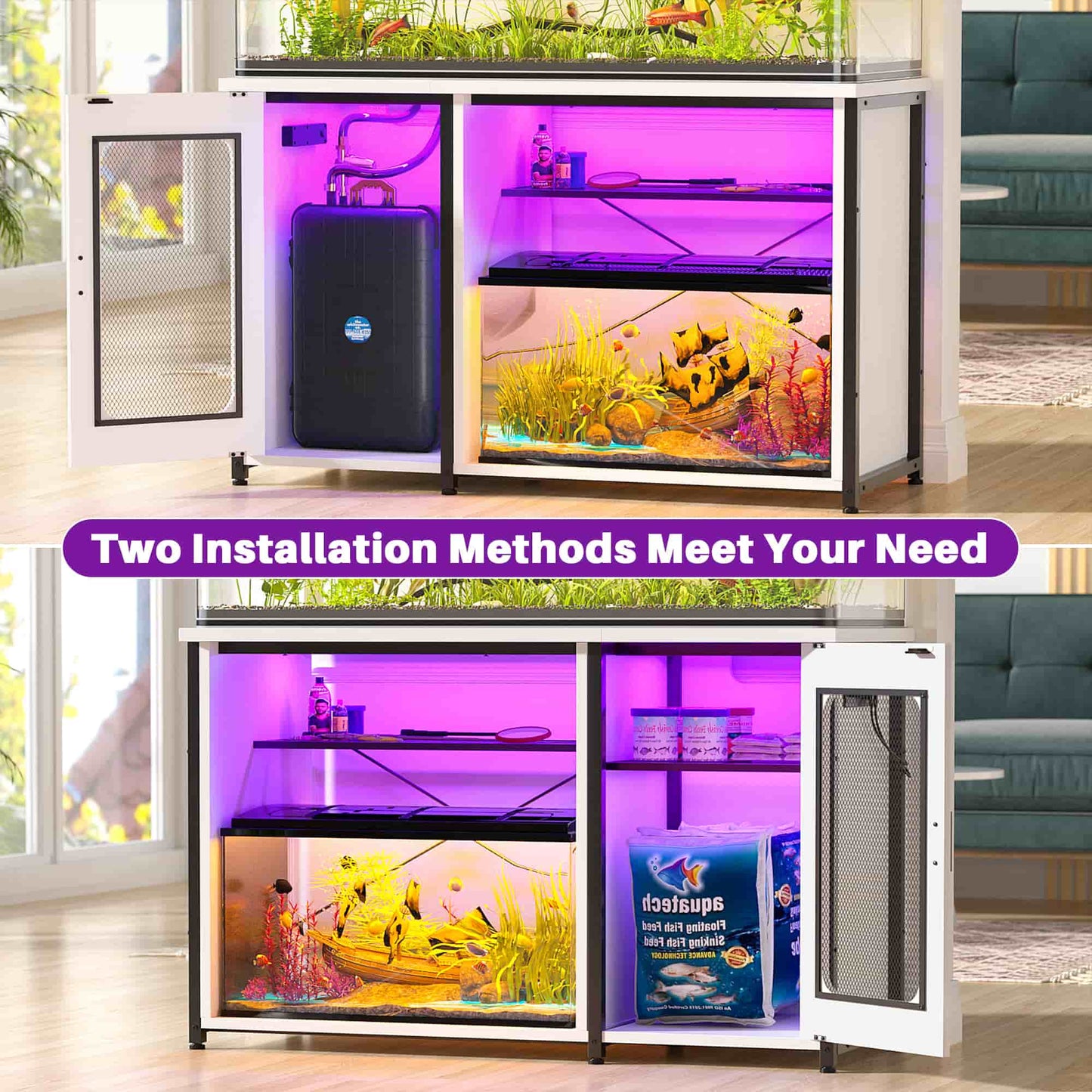 Heavy Duty 55-75 Gallon Aquarium Stand with Power Outlets, LED Light & Storage Cabinet - Reversible Metal Fish Tank Stand, 880LBS Capacity