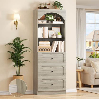 80" Tall Arched Bookcase with 3 Drawers & 3 Open Shelves - Wooden Storage Cabinet for Living Room, Kitchen