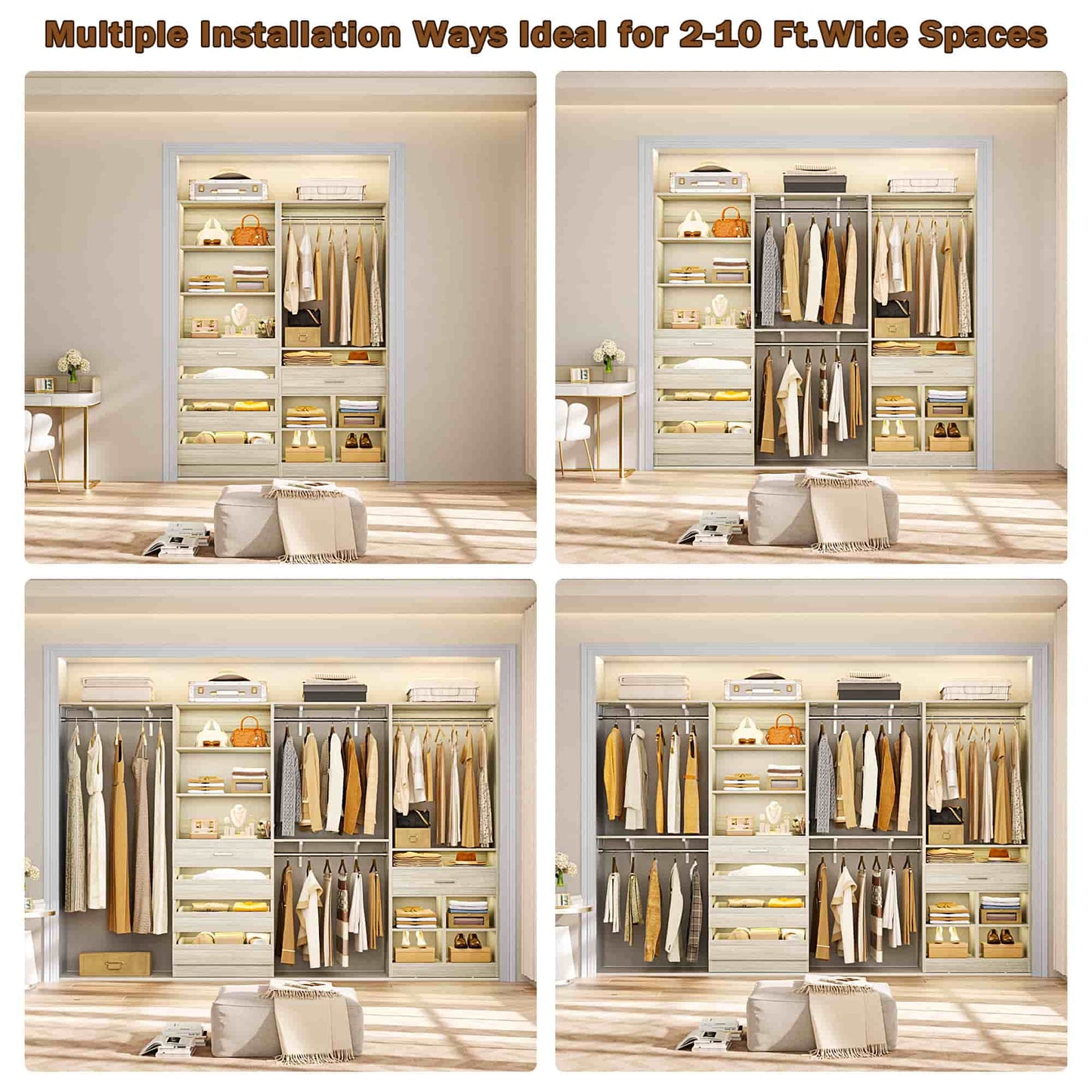 Walk-in Closet Organizer System set with 5 Wooden Drawers and 4 Hanging Rods, 4 Cubby Storage & Shelves, Space-Saving Tower Wardrobe