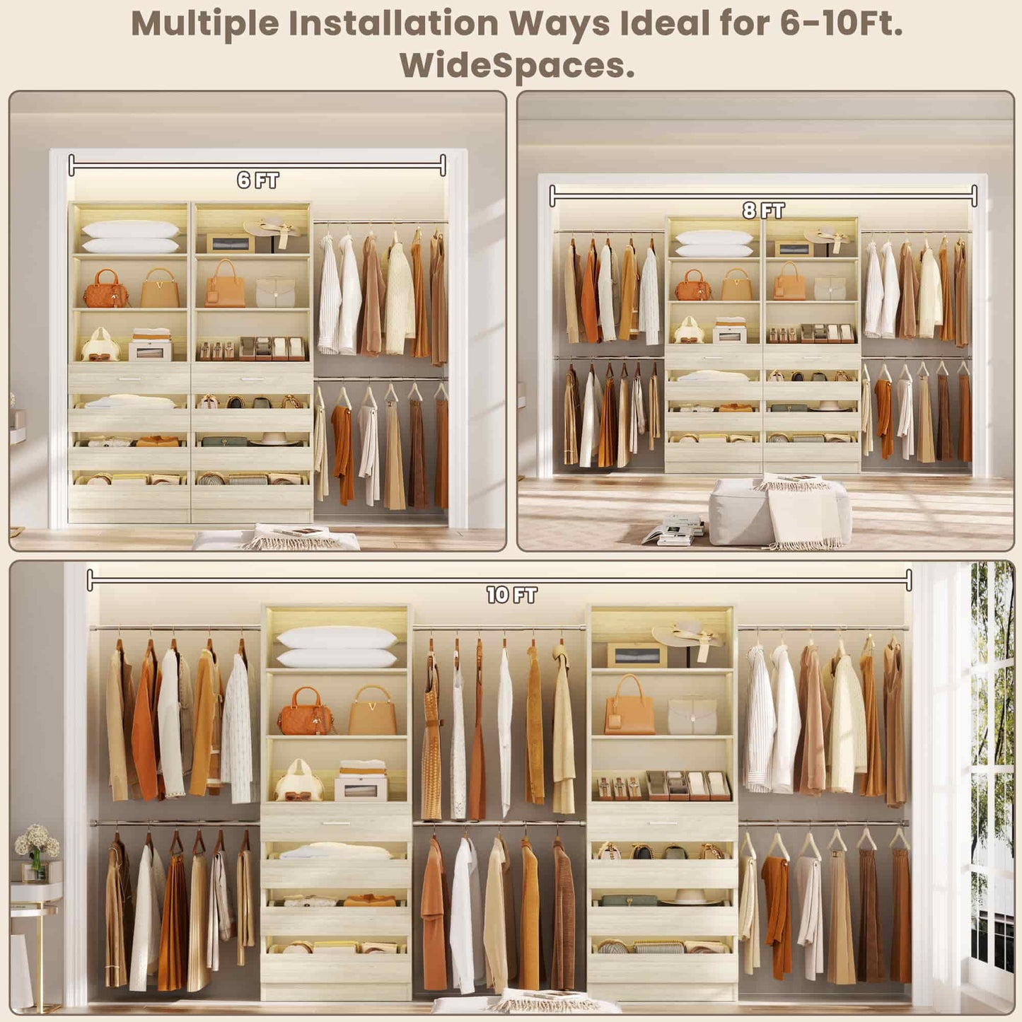 2-Pack Closet Organizer System: Dual 4-9Ft Adjustable Wardrobe Racks with 8 Wooden Drawers, Double Tower Storage, 8 Hanging Rods & Garment Racks ﻿