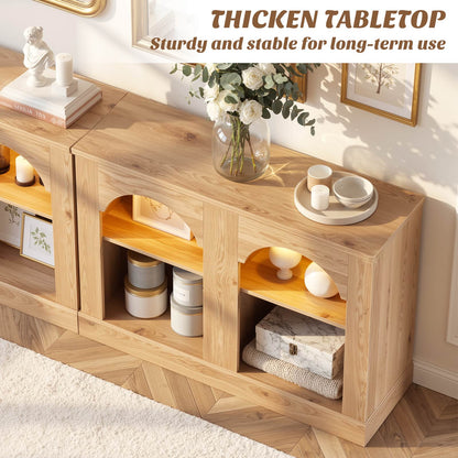 94" Natural Oak Arched Console Table with LED Lights & Adjustable Shelves - Farmhouse Sofa Table, Sideboard Buffet
