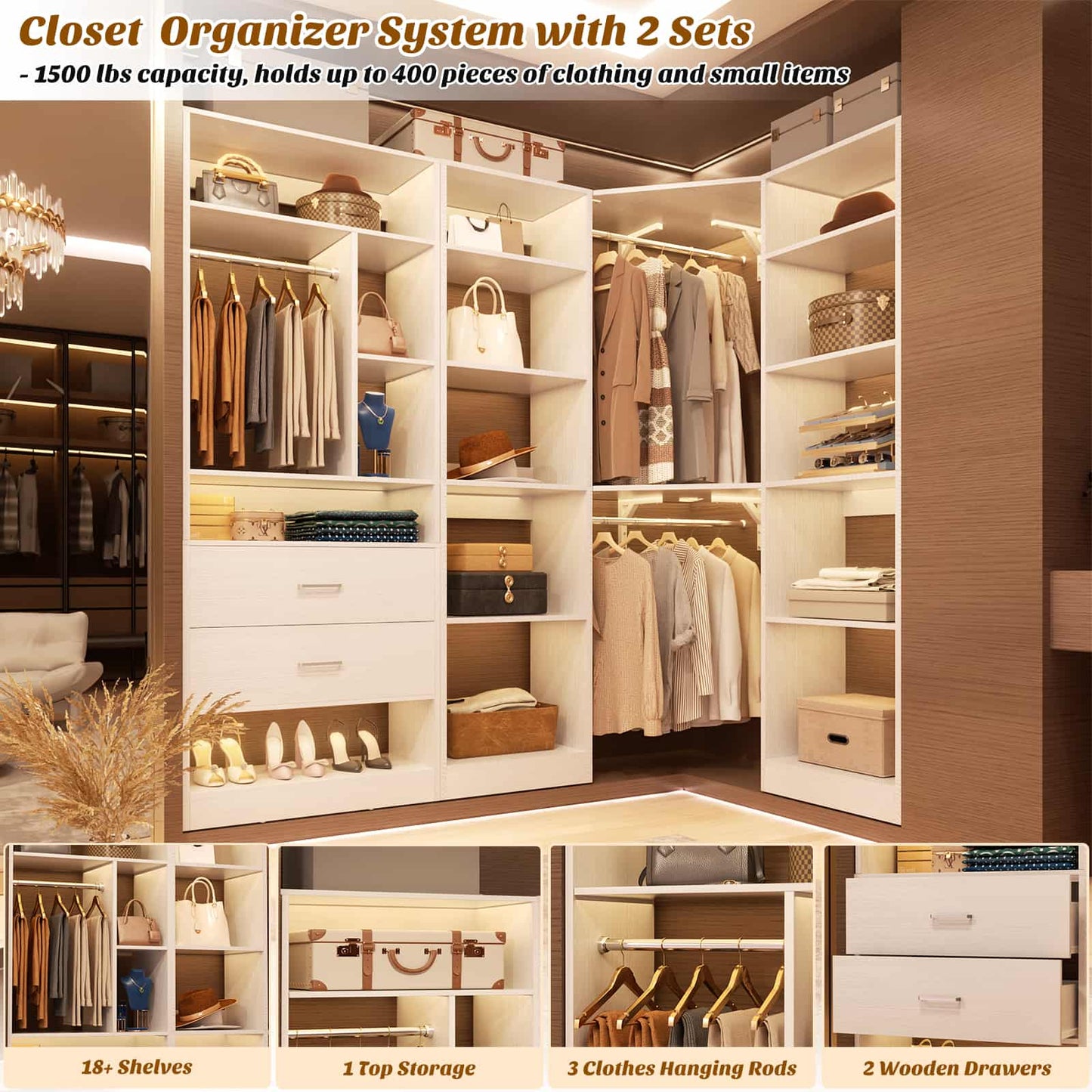 Closet System Closet Organizer, Wood Closet Organizer System,Walk-in Closet or Small Closets Wardrobe, Clothes Rack with Hanging Rods