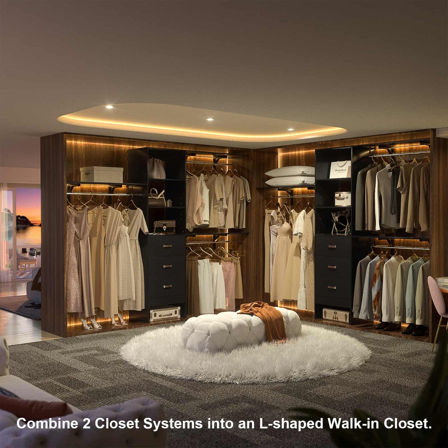 96‘’ W Closet System, Walk In Closet Organizer with 3 Shelving Towers