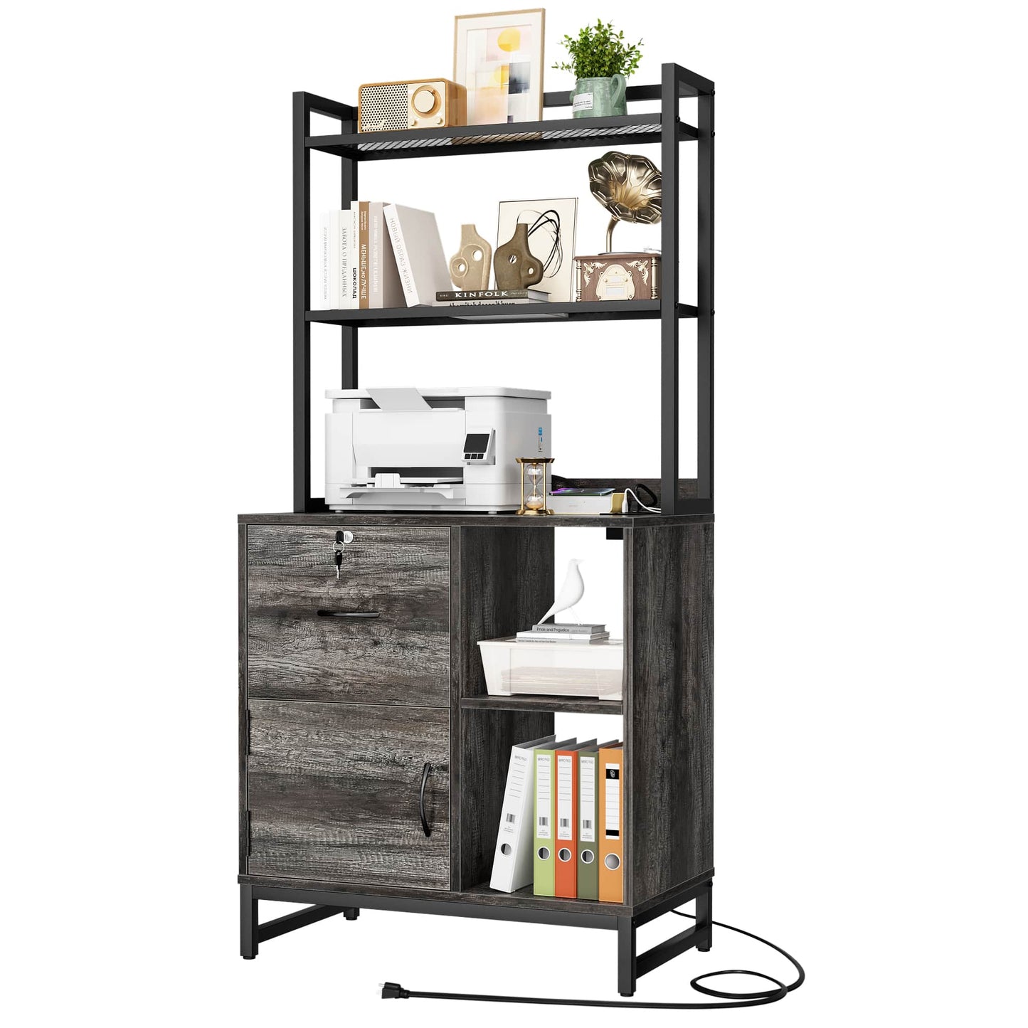 Vertical Filing Cabinet with Lock & Charging Station, Large Drawer Wood File Cabinet with Bookshelf, Printer Stand with Open Storage Shelf