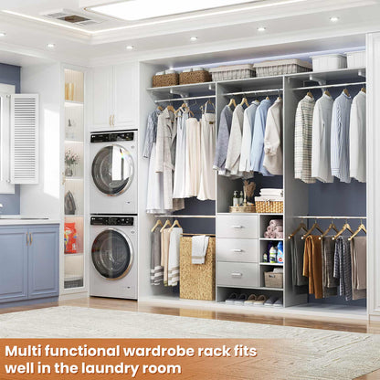 8FT Walk-in Armoire Closet Organizer with 3 Wooden Drawers & Hanging Rods, Adjustable Garment Rack for 5.3-9 ft Spaces,Wardrobe Storage Shelf