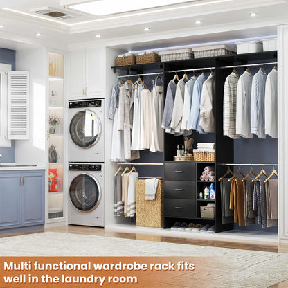 8FT Walk-in Armoire Closet Organizer with 3 Wooden Drawers & Hanging Rods, Adjustable Garment Rack for 5.3-9 ft Spaces,Wardrobe Storage Shelf