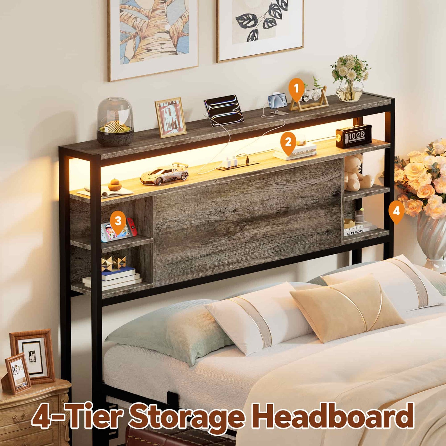 Full Headboard with Storage, Headboards with Power Outlets and Smart LED Light, Sturdy Head Board for Full Size Bed