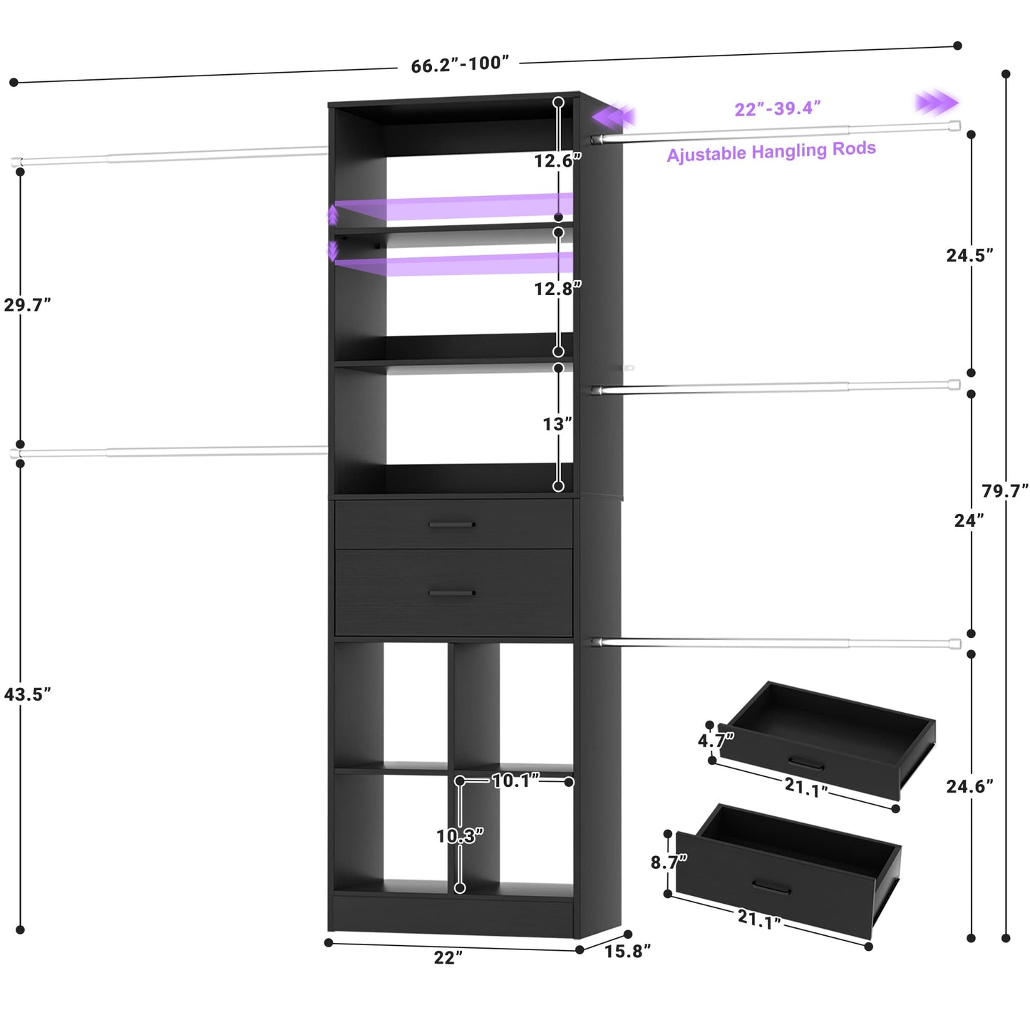 4-8 FT Walk-in Closet Organizer Tower, 2 Wooden Drawers + 5 Hang Rods, Built-in Shelves, Fit 60-96'' Closet Systems
