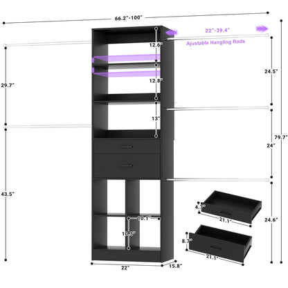4-8 FT Walk-in Closet Organizer Tower, 2 Wooden Drawers + 5 Hang Rods, Built-in Shelves, Fit 60-96'' Closet Systems