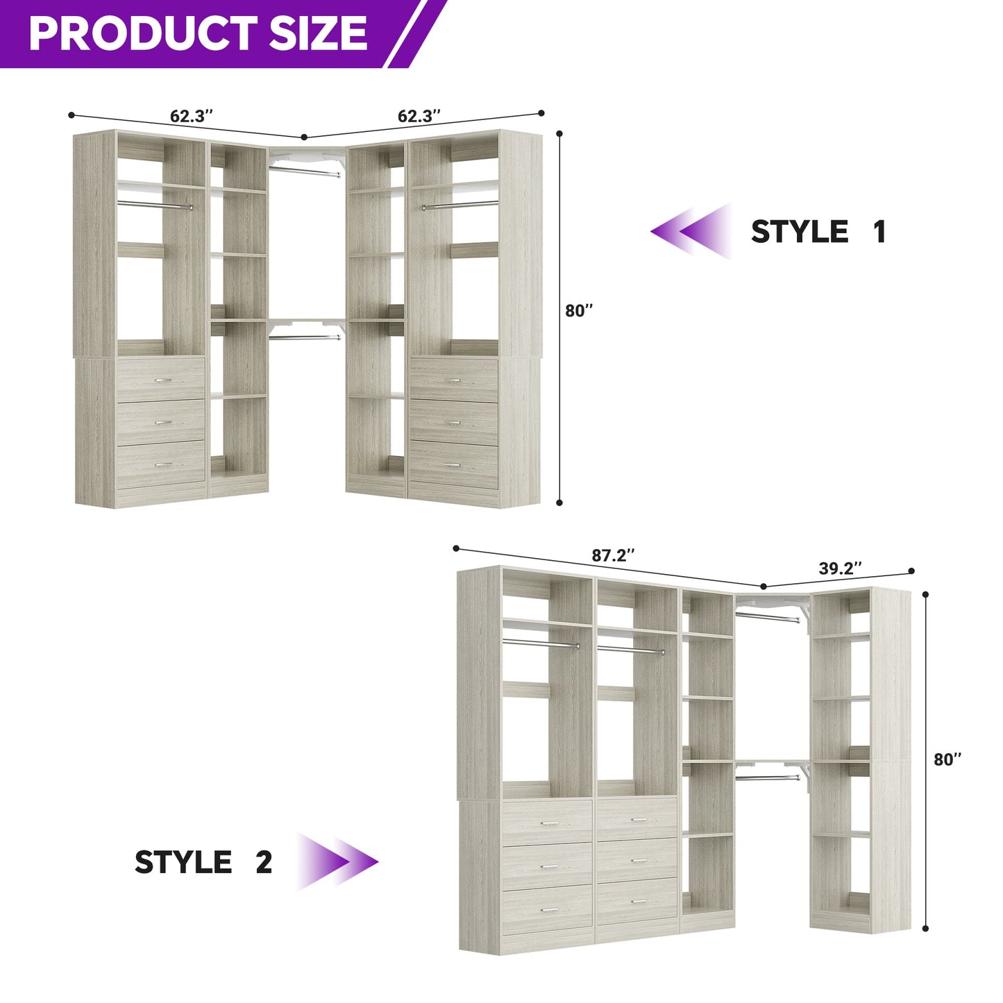 87.2" Freestanding Closet Organizer System - Modular L-Shaped Design,Reversible, 6 Drawers & 4 Hanging Rods, 2000+ LBS Capacity,3 Sets