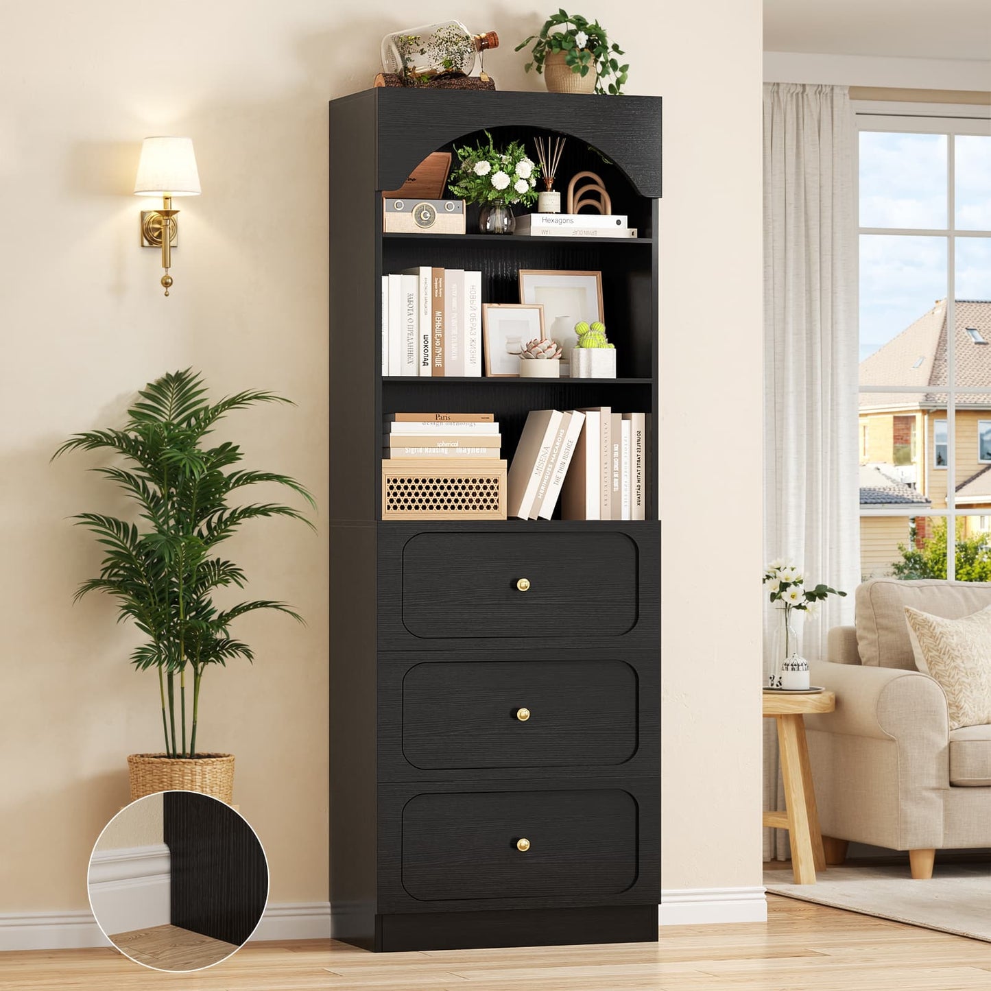 80" Tall Arched Bookcase with 3 Drawers & 3 Open Shelves - Wooden Storage Cabinet for Living Room, Kitchen