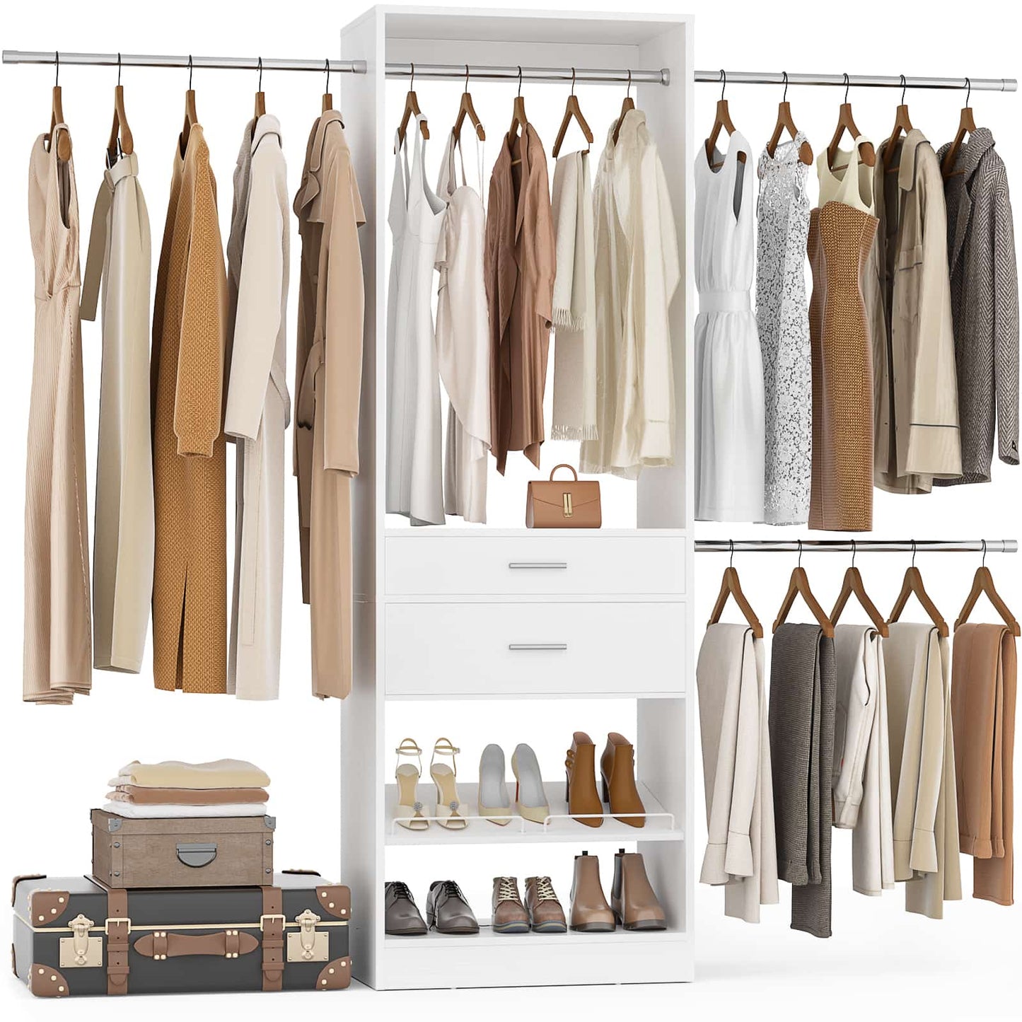 Closet System with Wooden Drawers, Adjustable Angled Shoe Rack