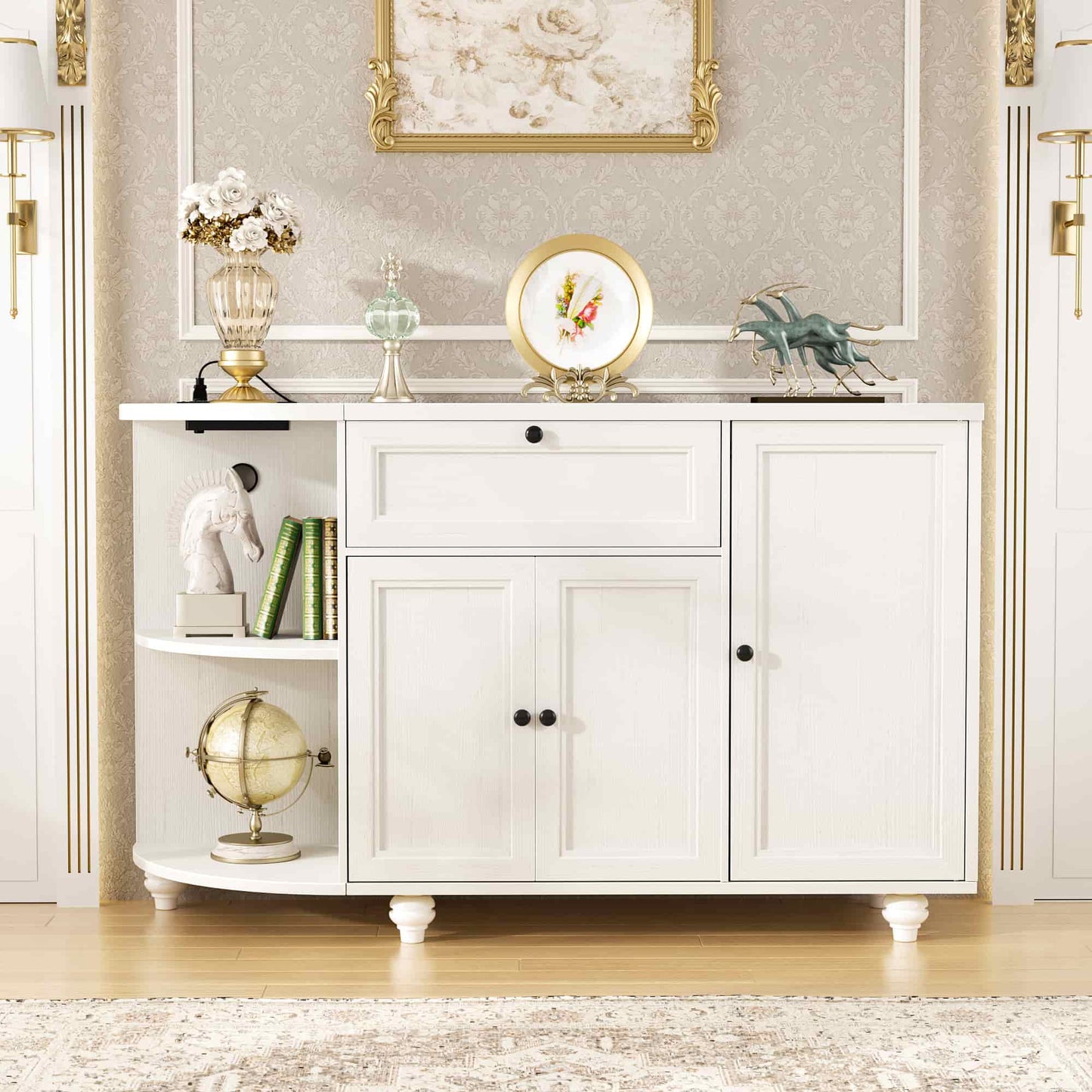 Kitchen Sideboard Cabinet Buffet Table with Power Outlets, 55"Coffee Bar Cabinet with Drawer, Wine Rack/Shelves