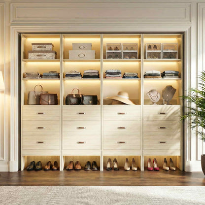 96" Closet System Value 4-Pack with 12 Hanging Rods & 12 Wooden Drawers - Adjustable (5-8FT Each)