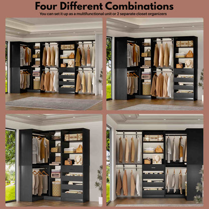 96"-128" 2-Piece Freestanding Closet System, Corner Wardrobe Organizer with Drawers & Shelves for Bedroom/Living Room