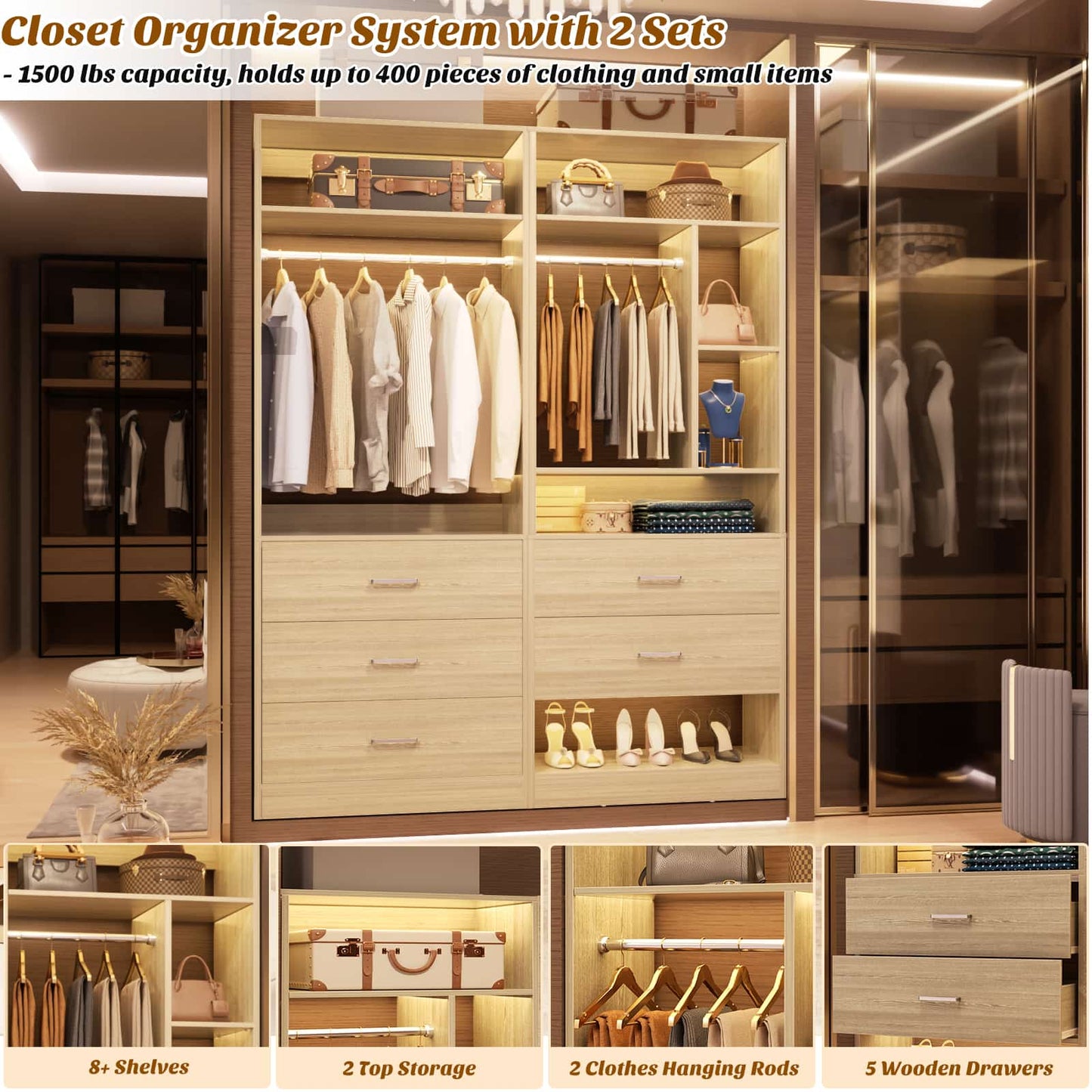 63.2" L X 39.2" W X 80" H Corner Closet System,Freestanding Closet Organizer System With 2 Drawers & 12 Shelves