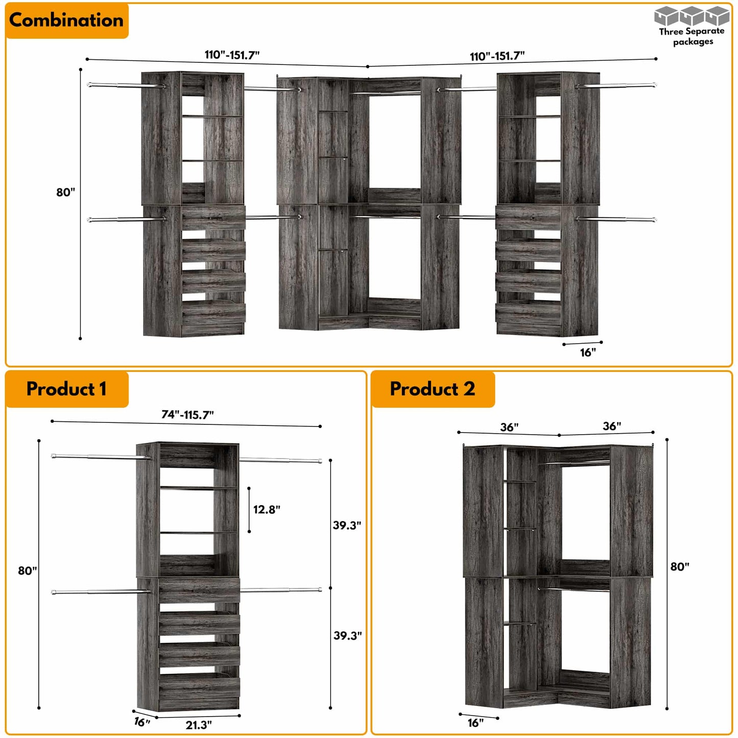 3-Piece Freestanding Wardrobe,79"-267" Adjustable Closet System with Drawers & Shelves for Bedroom/Closet Storage