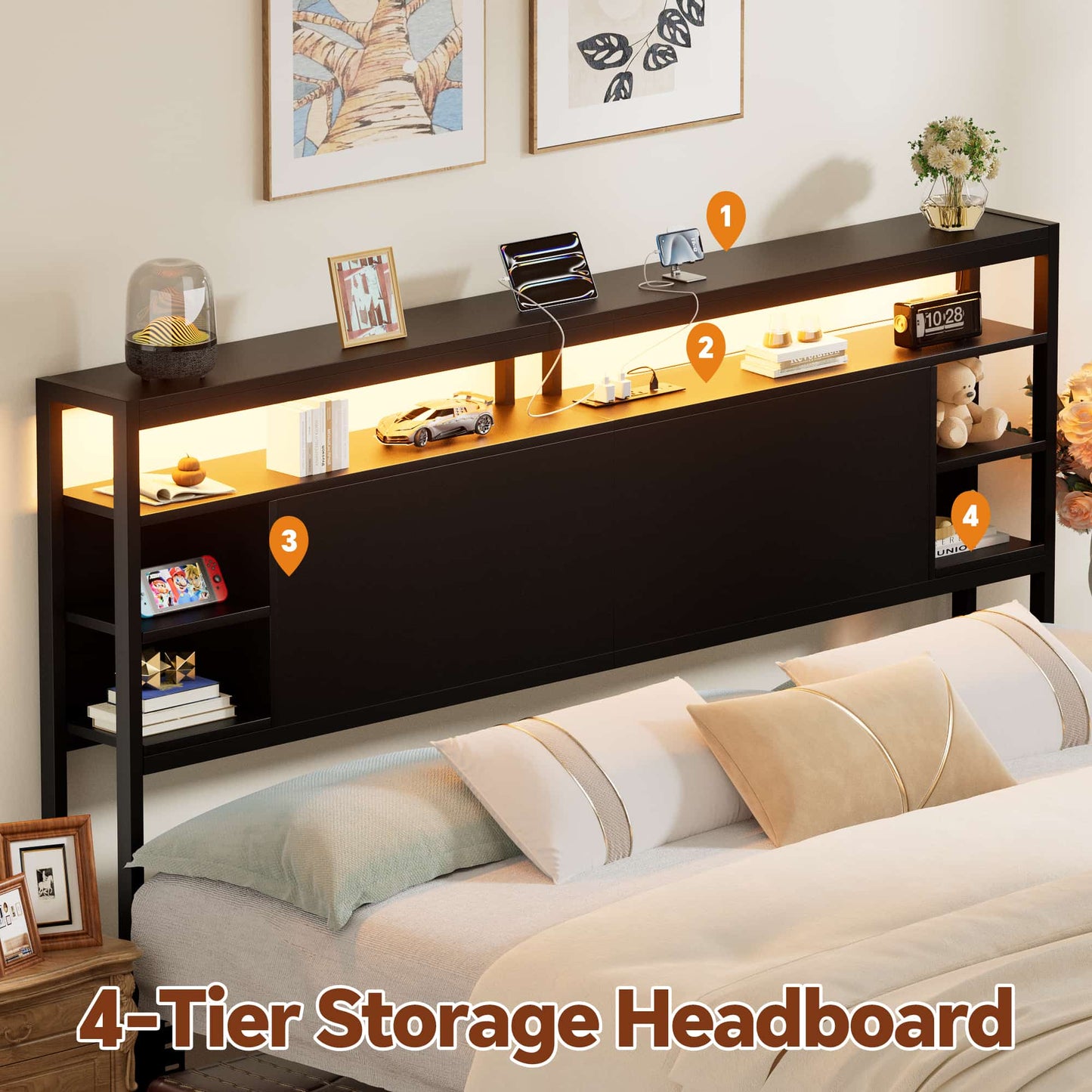 King Headboard with Storage, Headboards with Power Outlets and Smart LED Light, Sturdy Head Board for King Size Bed