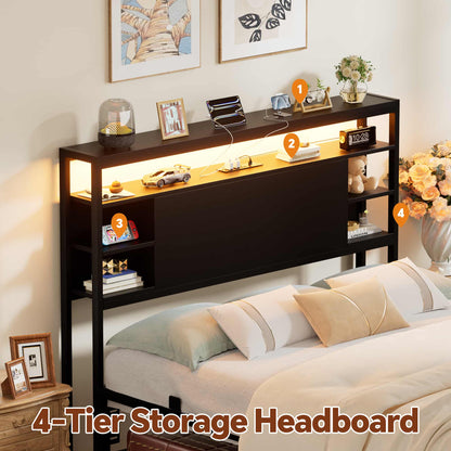 Full Headboard with Storage, Headboards with Power Outlets and Smart LED Light, Sturdy Head Board for Full Size Bed