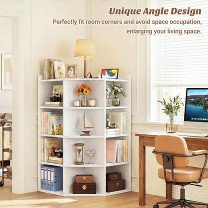 5-Tier Corner Cabinet with Power Outlets & 12 Storage Cubes - Wooden L-Shaped Bookshelf, Toy Organizer