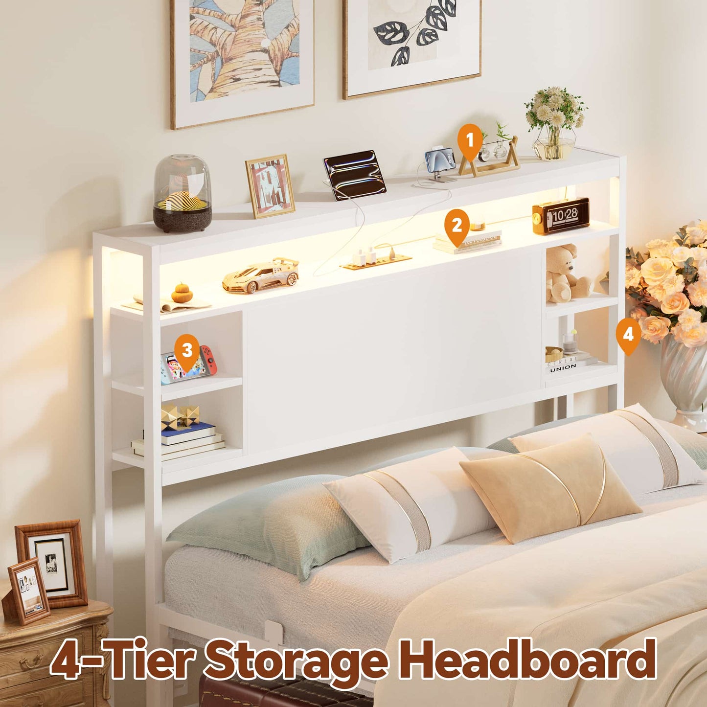 Full Headboard with Storage, Headboards with Power Outlets and Smart LED Light, Sturdy Head Board for Full Size Bed